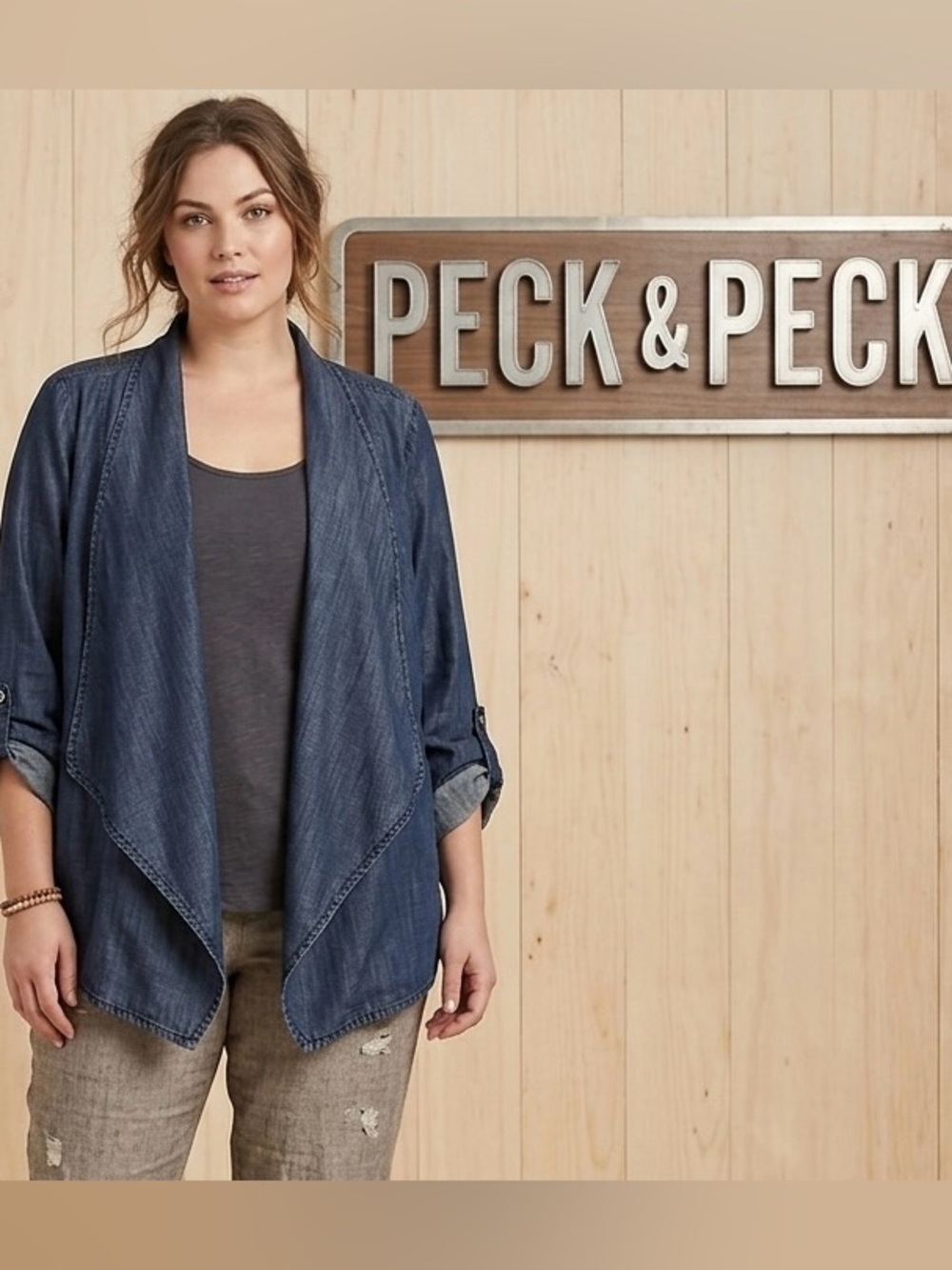 Peck & Peck Chambray Lyocell Open Front Roll Tab Sleeves Blazer Large